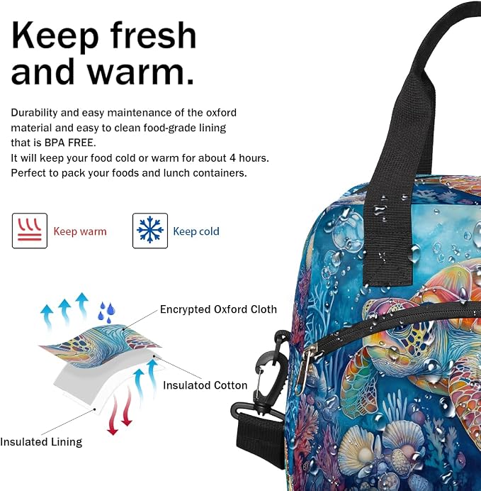 Pardick Colorful Sea Turtle Insulated Lunch Bag for Women Leakproof Lunch Box Large Cooler Thermal Tote Bag with Shoulder Strap Meal Prep Bags for Work School Office Picnic Teen Girls Adult