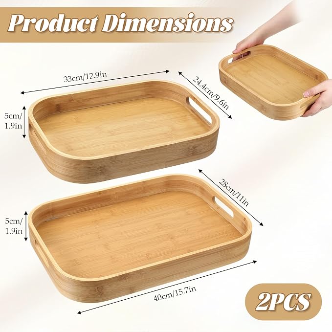 2 Pack Bamboo Serving Trays with Handles, 15.7" L x 11" W /13" L x 9.6" W, Arc Angles Solid Bamboo Serving Tray, Portable Decorative Tray for Kitchen Counter Eating Food Tea Coffee Bar Parties
