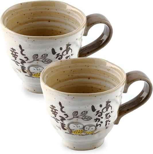 Mino Ware Owl Mug, Owl Coffee Mug, 8.8 oz, Handmade Ceramic Coffee Mug, Set of 2