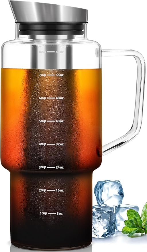Aquach 68oz Cold Brew Coffee Maker, Borosilicate Glass Pitcher for Iced Tea | Dishwasher Safe, Up to 2 Weeks Fresh Aroma, Family Size, Refrigerator Fit, 304 Stainless Filter