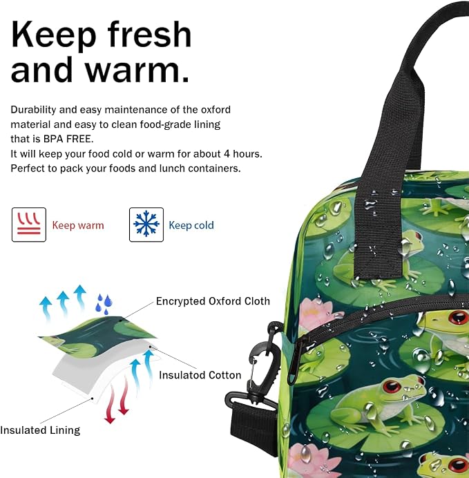 Frog Lotus Pond Pattern Insulated Lunch Bag for Women Men Reusable Lunch Box Cooler Bag Large Leakproof Lunch Tote with Adjustable Shoulder Strap for Adult Work Picnic Camping Beach Office