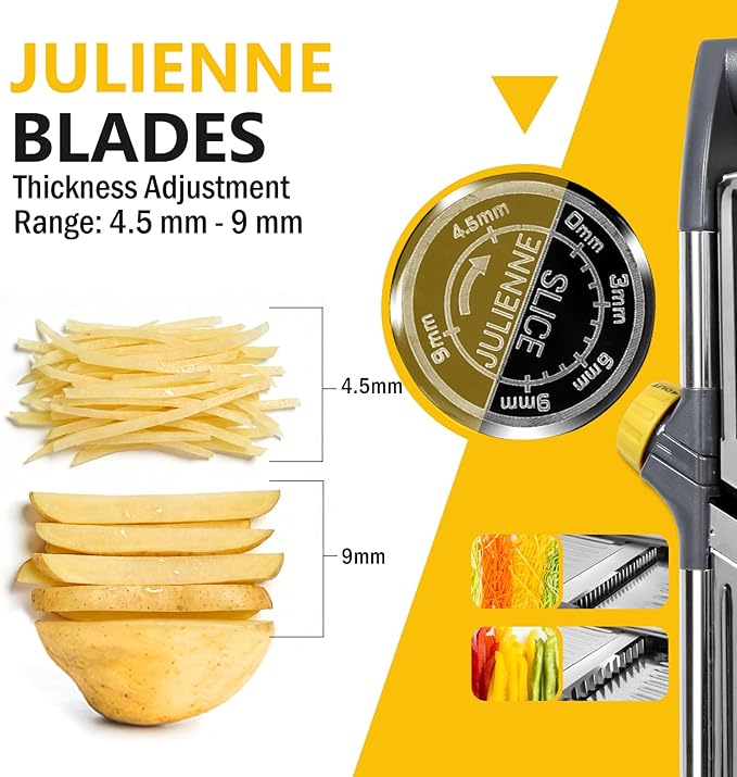 Masthome Adjustable Mandoline Food Slicer, Mandoline Slicer for Kitchen, Stainless Steel Mandolin, Fruit and Vegetable Cutter with Cut-Resistant Gloves and Cleaning Brush-Yellow