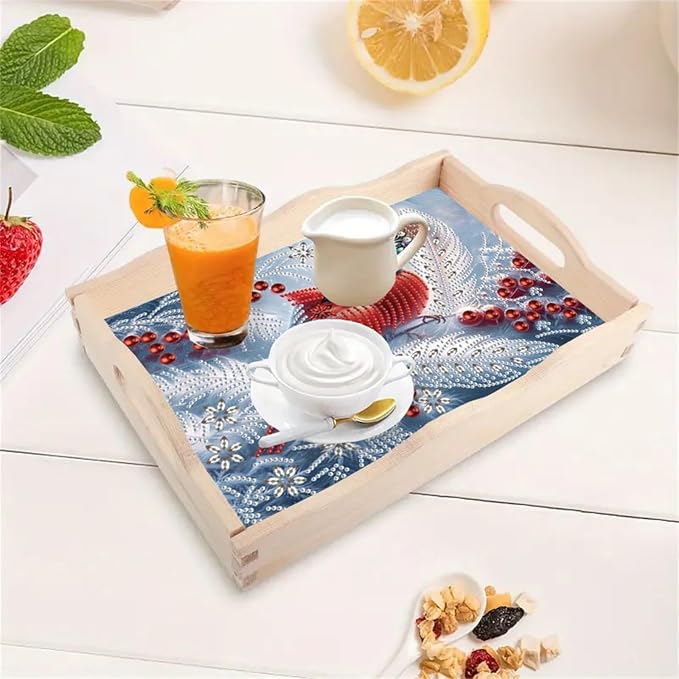 DIY Diamond Serving Tray with Handle Handmade Diamond Art Painting Wooden Rectangular Breakfast Tray for Dinner Plate Coffee Room Living Home Organizer-Cardinal02
