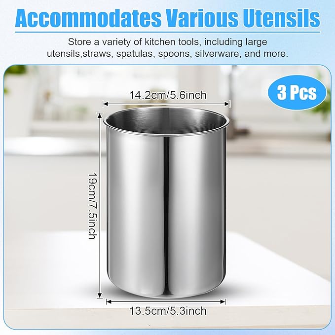 3 Pcs Cooking Utensil Holder for Kitchen Counter, 5.6 x 7.5 inch Metal Utensil Crock Stainless Steel Utensils Holder Container Canister Spatula Spoon Caddy Organizer (Silver)