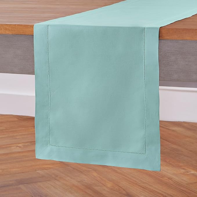 Solino Home Cotton Linen Table Runner 108 Inches Long - Hemstitch Pastel Turquoise Dining Table Runner 14 x 108 Inch for Spring, Summer