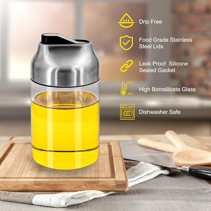 Aelga Soy Sauce Dispenser, 7oz Non-Drip Spout Oil and Vinegar Dispenser with Auto Flip Cap, Glass Oil Cruet for Kitchen Cooking