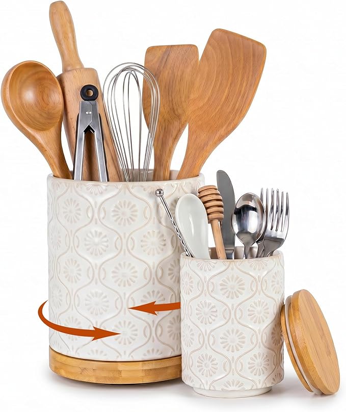 Newise Utensil Holder - Set of 2, Ceramic Kitchen Utensil Holder for Countertop, Large Utensil Crock with 360° Rotating Base, 6"+4" Embossed Cooking Storage and Decoration