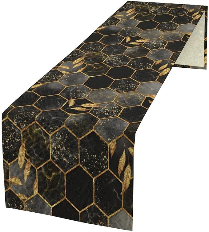 Marble Table Runner, Black and Gold Abstract Geometry Hexagon Modern Luxury Texture Printed Linen Table Runners for Living Room Kitchen Dining Room Party Holiday Decor 13" W x 60" L