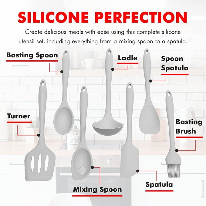Chef Craft - Premium Silicone Kitchen Tools and Utensils Set, Non-Scratch, Withstands Temperatures up to 450°F, BPA-Free, 7 Piece Cooking Utensils Set, Gray