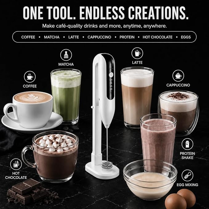 GOCHA Rechargeable Milk Frother, USB-C Electric Milk Foamer Handheld, Double Spring Whisk, 2-Speed Foam Maker for Coffee, Latte, Cappuccino, Matcha, Hot Chocolate, Stand Included (White)
