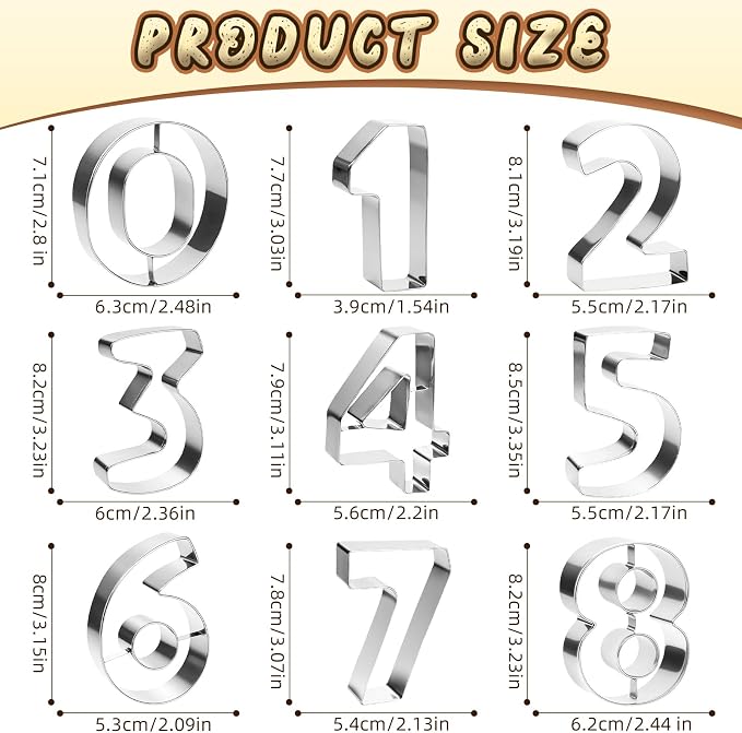 9 PCS Number Cookie Cutters Set, 3 Inches 0-8(6 Reverses to 9) Stainless Steel Cookie Cutters, Numbers Shaped Cake Decorating Tools for Home Baking, Party Favors (Number)