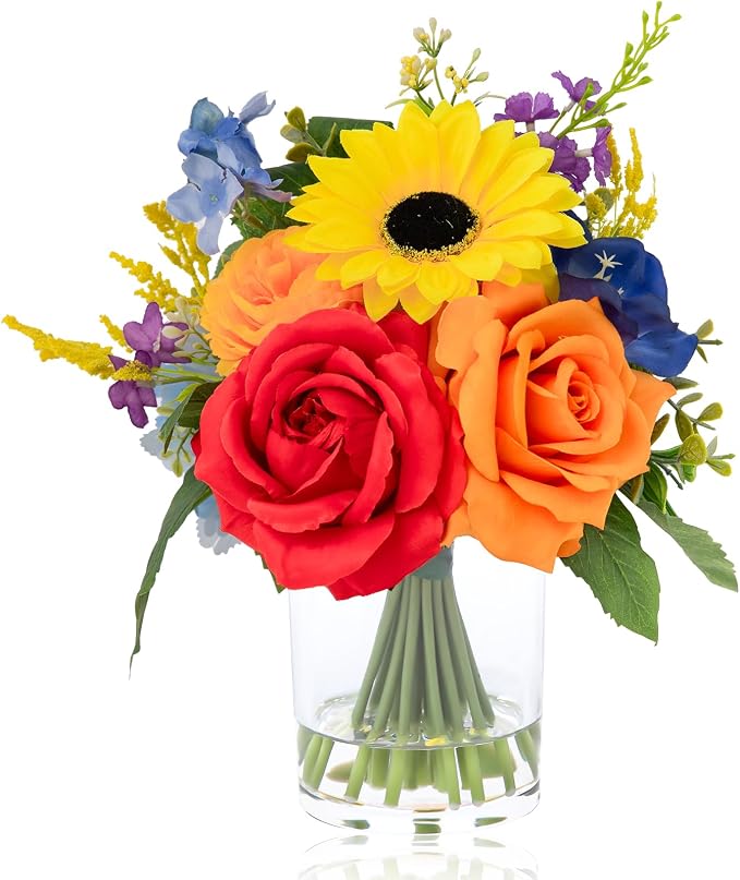 WELL KNOWN Artificial Flowers in Vase with Fake Water, Colorful Spring Flowers Fake Sunflowers Rose Peonies Bouquet for Home Wedding Party Dining Table Baby Shower Decor & Birthday Gift (Rainbow)
