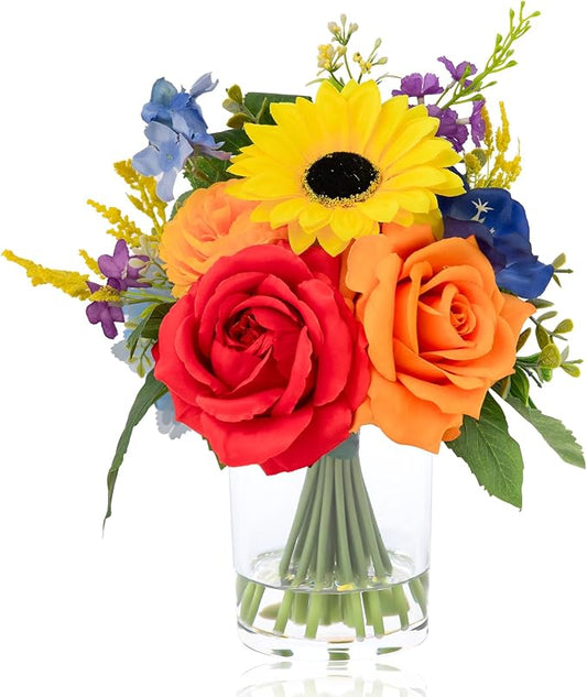 WELL KNOWN Artificial Flowers in Vase with Fake Water, Colorful Spring Flowers Fake Sunflowers Rose Peonies Bouquet for Home Wedding Party Dining Table Baby Shower Decor & Birthday Gift (Rainbow)