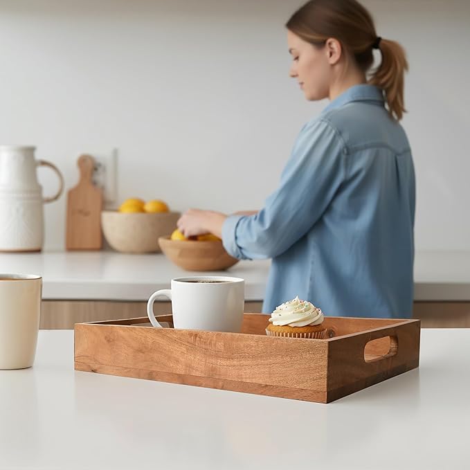 Premium Acacia Wooden Serving Tray with Handles – Large Decorative Food Serving Platter for Breakfast, Lunch, Dinner, Appetizers, Coffee Table & Home Décor | 14’’ x 10’’ x 2’’