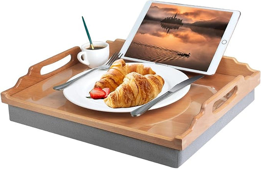 DRELIFAM Lap Desk with Cushion,Wooden Bed Tray Table for Eating,Lap Tray in Recliner,Breakfast Tray,TV Dinner Bed Food Trays (Beech Wood)