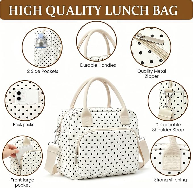 Insulated Lunch Bag for Women, Cute Polka Dot Large Capacity Leakproof Portable Thermal Lunch Box with Adjustable Shoulder Strap, Reusable Cooler Lunchbox Tote for Work Office Travel Picnic, White