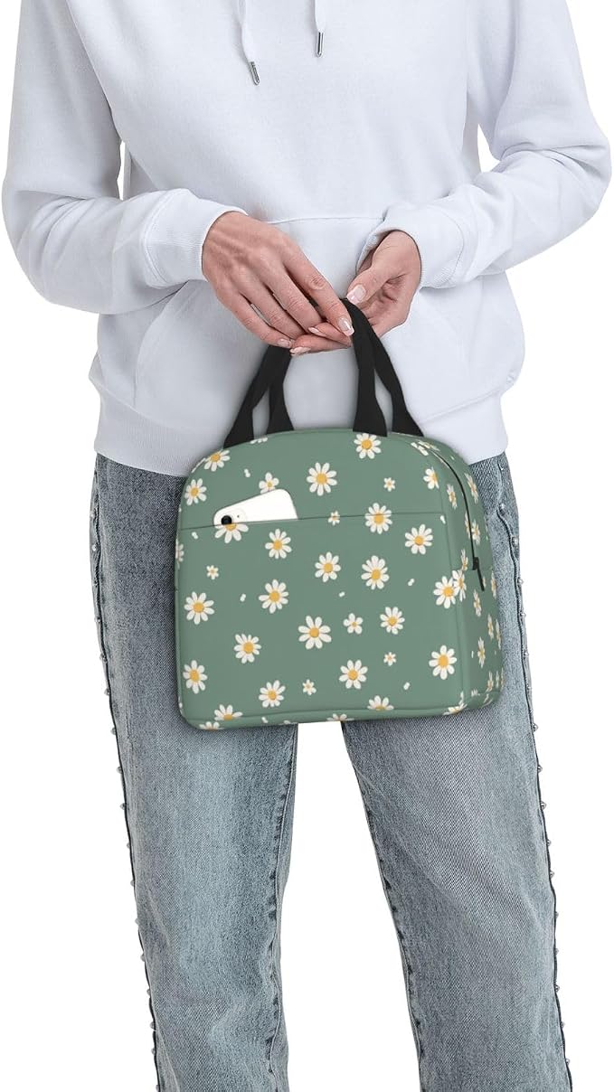 Lunch Bag Daisy Flower Green Insulated Lunch Box Reusable Cooler Tote for Adults Student Girl Boy Work Office School Picnic Over 3 Years Old