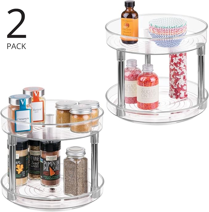 mDesign 2-Tier Lazy Susan Turntable for Kitchen Cabinets, Shelf, Table, Countertop, 9" Multi Level Rotating Organizer Carousel, Storage Turntable Organizer, Ligne Collection, 2 Pack, Clear/Chrome