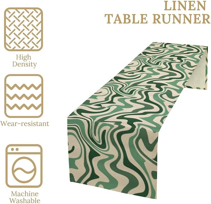 Retro 70s Groovy Table Runner,Vintage Abstract Modern Art Green Boho Spiral Swirl Waves Farmhouse Country Dinner Runner for Home Kitchen Dining Table Party Holiday Decor 13"x60"