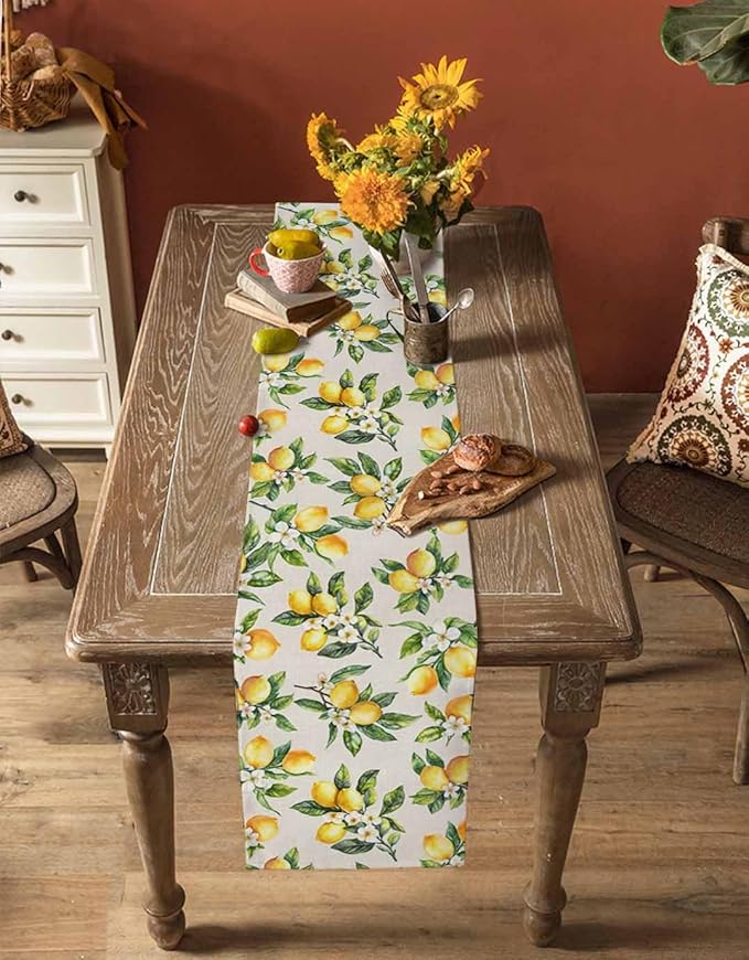 Spring Yellow Lemon Table Runner 72 Inch Long Dresser Scarves Summer Lemons Floral Cotton Linen Tablerunners Italian Farmhouse Dining Kitchen Burlap Table Setting Decor for Party Holiday Home, 14"x72"