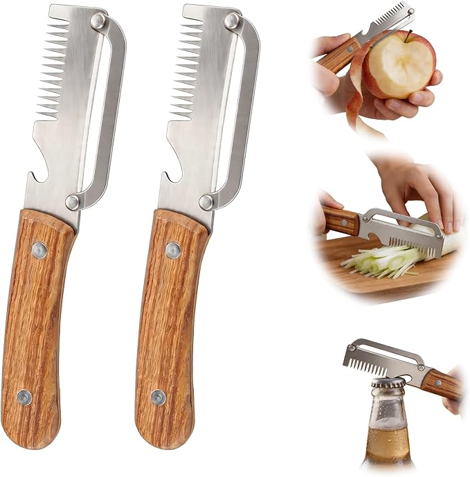 Multifunctional Vegetable Peeler, 3 in 1 Potato Peeler with Wooden Handle, Green Onion Slicer with Bottle Opener Kitchen Tool for Peeling Veggie Fruit Pineapple Pumpkin Papaya Carrrot(2 Pack)