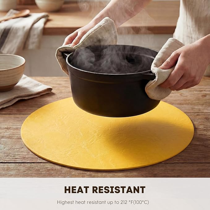 Artoid Mode Yellow Faux Leather Placemats Set of 4, 15 Inch Waterproof Wipeable Heat Resistant Vinyl Place Mats, Reversible Table Mats for Summer Kitchen Dining Decor