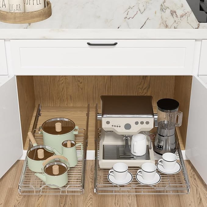 OCG Pull Out Cabinet Organizer 2 Pack (12" W x 21" D), Pull out Shelves 1 Tier, Cabinet Slide Out Shelves for Base Cabinet Organization in Kitchen Bathroom Pantry, Bottom Mount, Chrome Finish