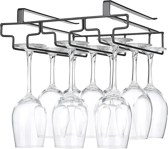 Wine Glass Rack Under Cabinet Drilling Free No Screw Steamware Holder Under Shelf Metal Wine Glasses Holders 304 Stainless Steel Hanger Storage Organizer Hanging Glass Fit for Bar Kitchen 3 Rows Black