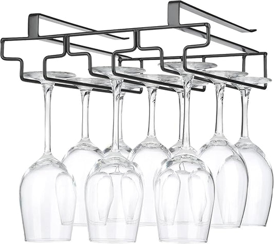 Wine Glass Rack Under Cabinet Drilling Free No Screw Steamware Holder Under Shelf Metal Wine Glasses Holders 304 Stainless Steel Hanger Storage Organizer Hanging Glass Fit for Bar Kitchen 3 Rows Black