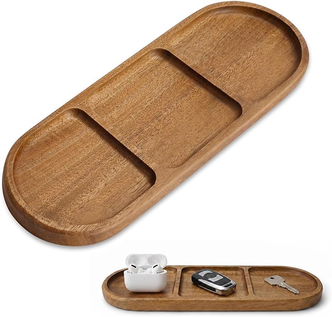 Small Wooden Tray | Acacia Wood Tray for Vanity, Bathroom Counter, Coffee Table & Toilet | Perfect for Jewelry, Key & Catch All | Mini Charcuterie Board Serving Platter (Oval 3-Compartment)