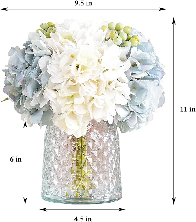 Wracra Hydrangeas Floral Arrangement in Glass Vase, Fake Flowers Silk Hydrangea Artificial Flowers with Vase for Home Office Decoration, Dining Table Centerpiece