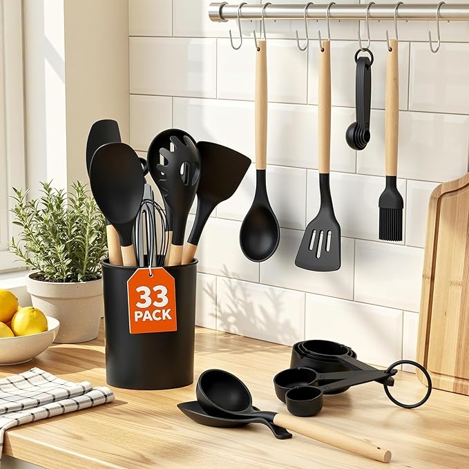 WISELIFE Kitchen Utensils Set - 33 PCS, Heat-Resistant Silicone Cooking Utensils Set with Wooden Handle, BPA-Free Kitchen Gadgets Spatula Sets with Holder for Nonstick Cookware (Black)