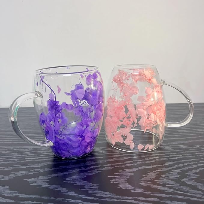 Double Walled Glass Coffee Mugs Flower Coffee Mug With Handle Insulated Heat Resistant Glass Cups Decorative 10 oz Clear Cappuccino Cup For Hot Cold Tea Milk Latte Wine Beverage (Purple)