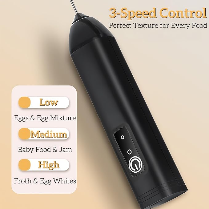 Digead Rechargeable Milk Frother Handheld, 3 Speeds Electric Whisk with 2 Detachable Whisks, USB Coffee Frother Foam Maker for Coffee Latte Cappuccino Matcha, Black