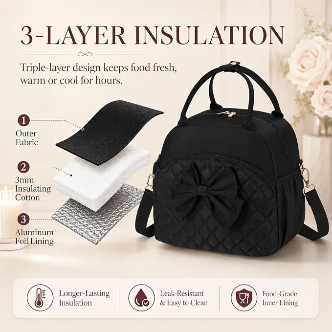LEDAOU Lunch Box for Women, Insulated Lunch Bag Women with Adjustable Shoulder Strap, Cute Black Lunch Tote Bag for Work, Womens Lunch Bag with Bowknot, Front Zipper Pocket & Side Pockets