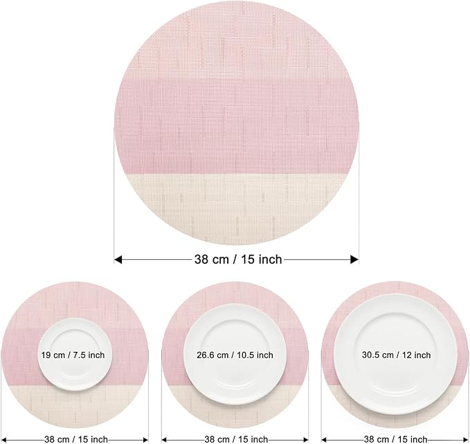 Round Placemats Set of 8, 15 Inch Woven Vinyl Heat Resistant Place Mats, Washable Non Slip PVC Table Mats for Kitchen Dining Party Outdoor Table Decor (Beige Pink, 8)