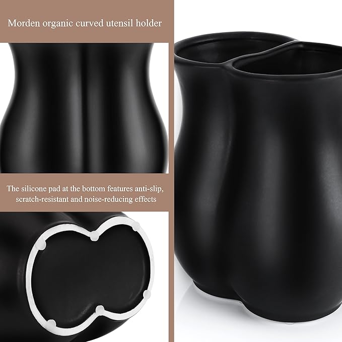 2026 Upgraded Vintage Kitchen Utensil Holder - Ceramic Utensil Crock Dual Compartment Curved, Modern Countertop Organizer for Farmhouse/Rustic Kitchen Decor(Matte Black)