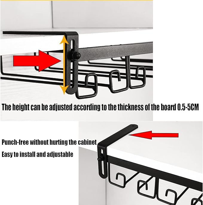 Hanging Wine Glass Rack Black Adjustable, Solid Iron Wine Glasses Hanger, Metal Under Cabinet Stemware Rack 3 Rows, 4 Rows, Convenient Storage And Space-saving