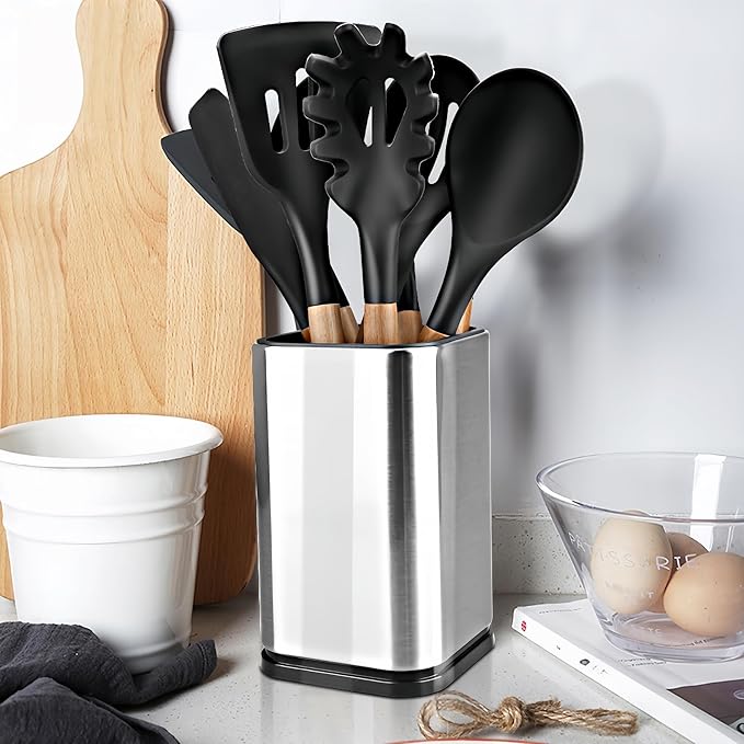 Stainless Steel Utensil Holder Set of 2, Modern Kitchen Tool Caddy Organizer for Countertop, Rust-Proof Cutlery Drying Rack with Drainage Holes, Round Spatula & Whisk Holder