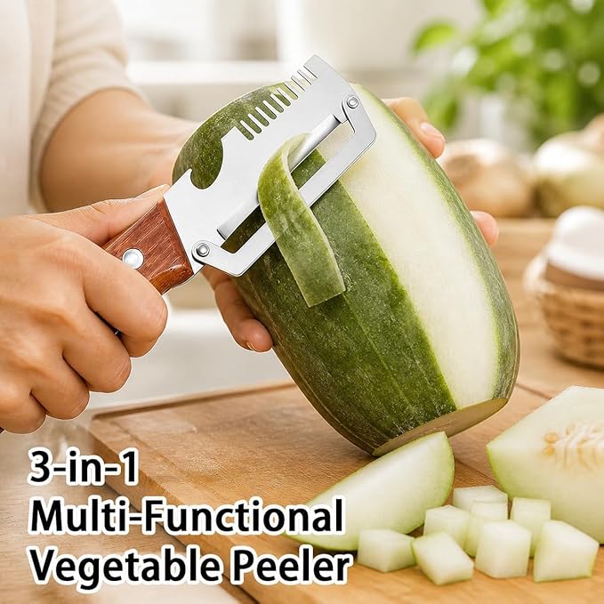 2-Pack Multifunctional Vegetable Peeler, 3 in 1 Kitchen Peeler with Wooden Handle, Grater & Bottle Opener for Potato, Carrot, Apple, Fruit & Vegetable (3 in 1)