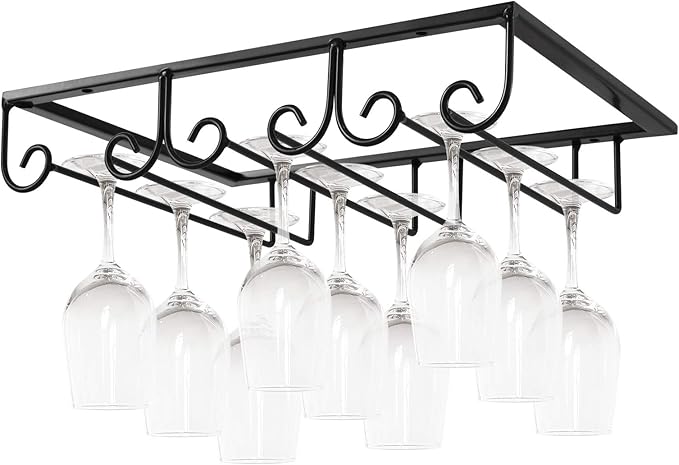 MOCOUM Under Cabinet Glass Rack, Stemware Hanger - 3 Rows Wine Glass Holder for Kitchen Cabinet Bar (Black)