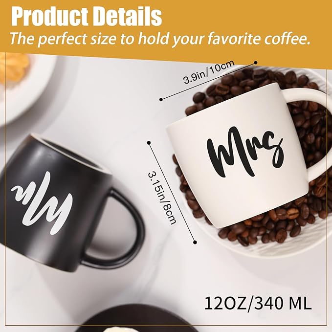 12 oz Mr and Mrs Mug, Ceramic Coffee Mug for the Couple, Ideal Gift for Engagement, Anniversary, His and Hers, Bride and Groom,Wedding Gifts for Couples 2026 - Set of 2 (Black & White)