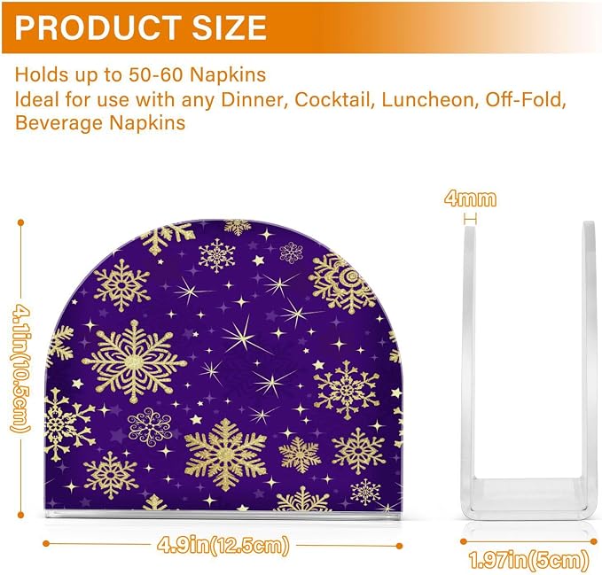 Winter Violet Purple Gold Snowflakes Christmas Napkin Holder for Tables Paper Cocktail Napkin Holders for Kitchen Dinning, Acrylic Dinner Napkin Dispenser for Restaurant Home Decor Bar Accessories