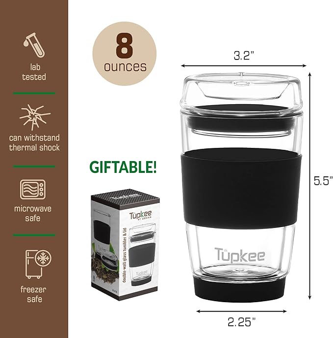 Double Wall All Glass Tumbler - 8-Ounce, Reusable Insulated Tea/Coffee Mug & Lid, Hand Blown Glass Travel Mug - Black - 2 Pack