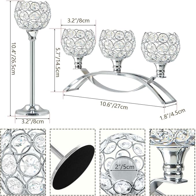 Crystal Tealight Candle Holder Centerpiece Home Decorative Candlestick Holder Elegant Table Centerpiece Home Decor Wedding Party Anniversary (Silver, Set of 3)