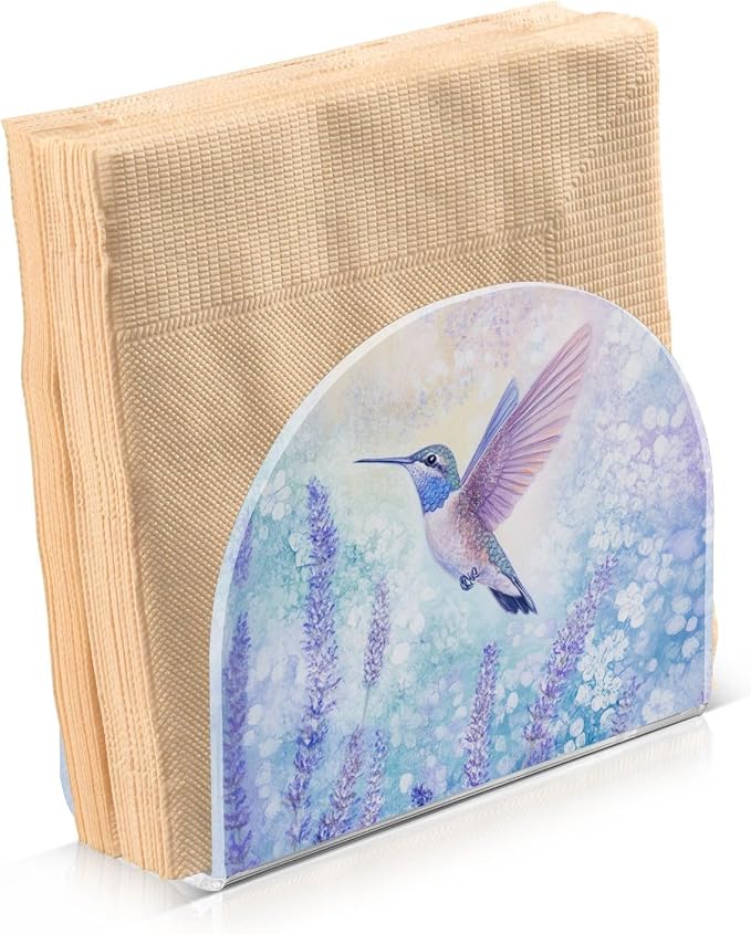 Fustylead Hummingbird with Purple Lavender Flowers Napkin Holder for Table Acrylic Cocktail Napkin Holders Small Decorative Napkin Dispenser for Home Party Dining Kitchen Accessories, 2 Pack