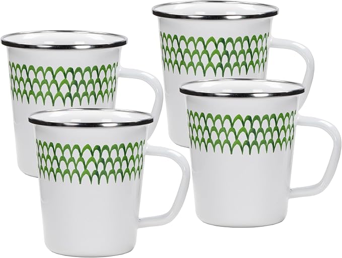 Golden Rabbit Enamelware Latte Coffee or Tea Mugs, 16 ounce, Green Scallop, Set of 4
