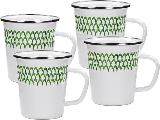 Golden Rabbit Enamelware Latte Coffee or Tea Mugs, 16 ounce, Green Scallop, Set of 4
