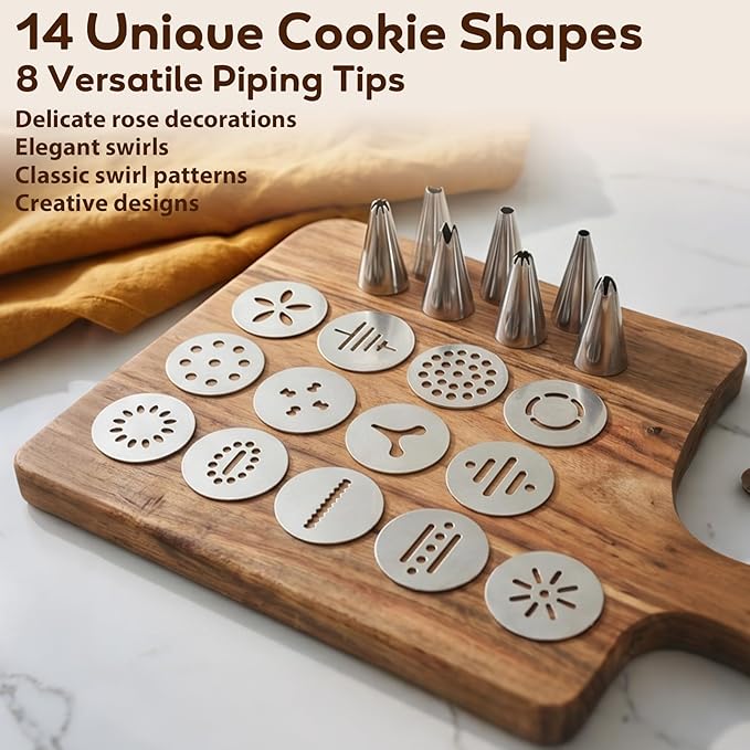 Cookie Press Gun Kit, Stainless Steel – 13 Discs + 8 Nozzles, Perfect for DIY Cookies & Decorating, Baking Gift for Women
