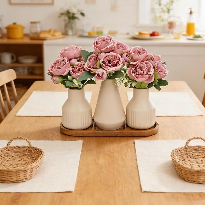Flower Table Centerpiece - Dining Table Centerpiece Decor Set of 3 Fake Peonies in Ceramic Vases & Wood Tray Modern for Kitchen Island Living Room Coffee Table Home Decor (Dusty Pink)